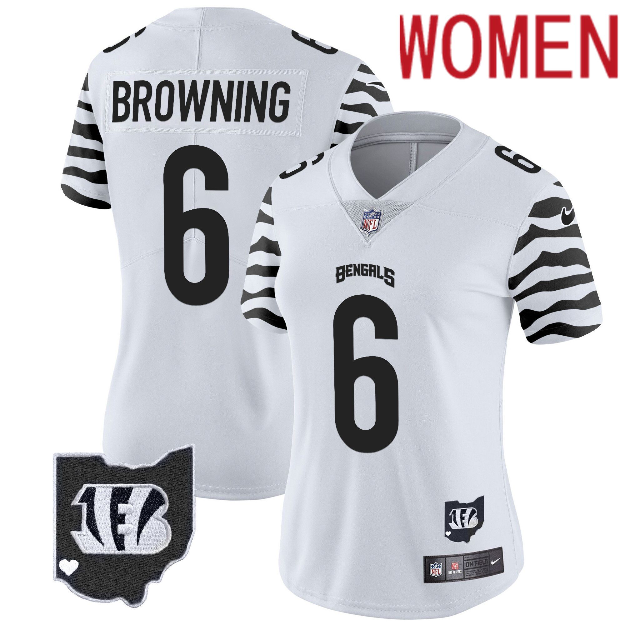 Women Cincinnati Bengals #6 Browning White 2024 Nike Stripes Vapor Limited NFL Jersey->women nfl jersey->Women Jersey